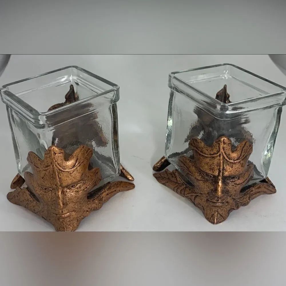 Copper Leaf Clear Heavy Canadian Glass Face Votive Candle Holder Set 2 Used